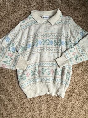 Vintage Alfred Dunner Cream Collared Floral Knit Sweater